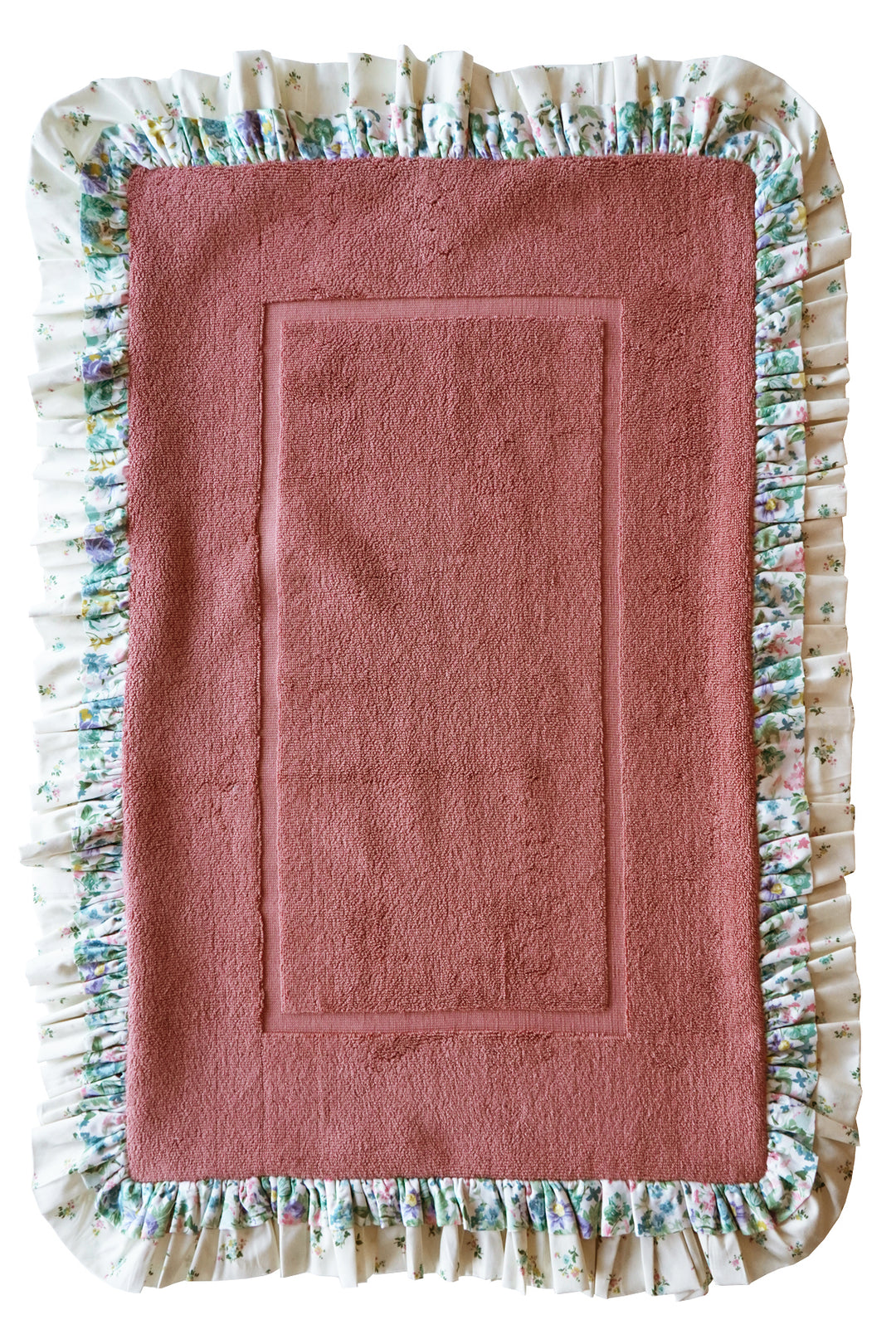 Bridgerton Ruffle-Edge Bath Mat made with Liberty Fabric BOUQUET PARADE GREEN & POSY CORSAGE YELLOW