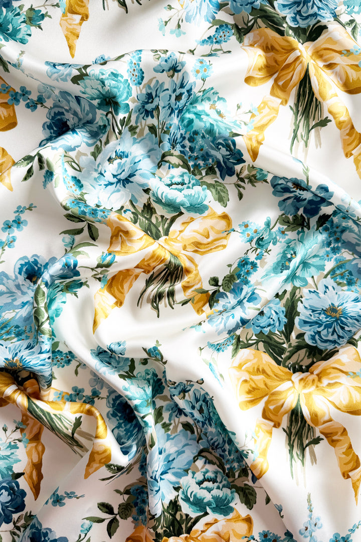 Bridgerton Reversible Ruffle-Edge Bedspread made with Liberty Fabric BOW BOUQUET GOLD & POSY CORSAGE BLUE