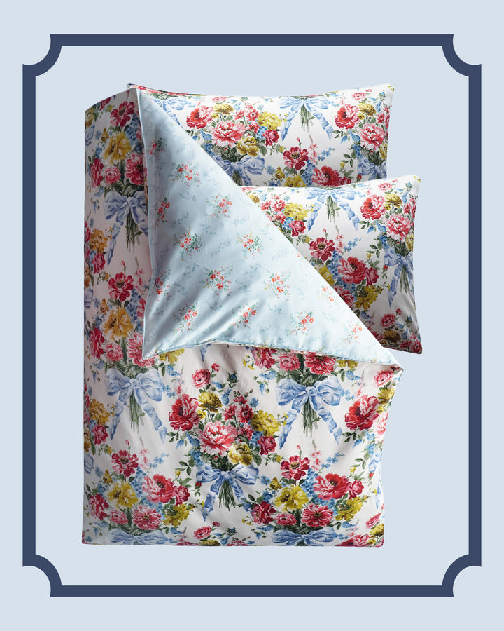 Bridgerton Reversible Duvet Set made with Liberty Fabric BOW BOUQUET & GARDEN BLOOMS