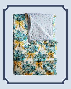 Bridgerton Reversible Ruffle-Edge Bedspread made with Liberty Fabric BOW BOUQUET GOLD & POSY CORSAGE BLUE