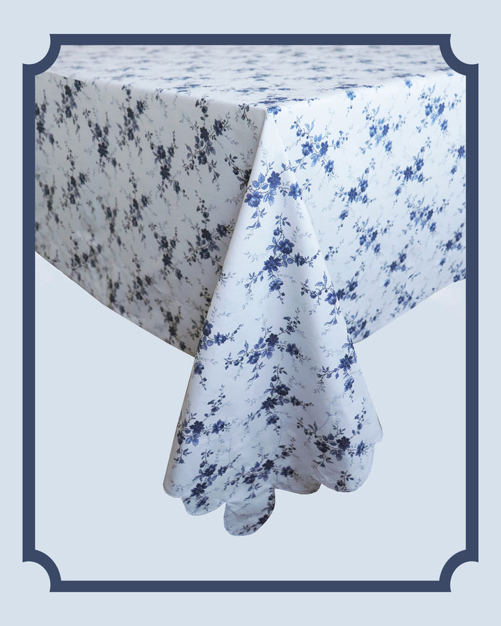 Bridgerton Reversible Scallop Corner Tablecloth made with Liberty Fabric AMELIE LUISE & POSY CORSAGE BLUE