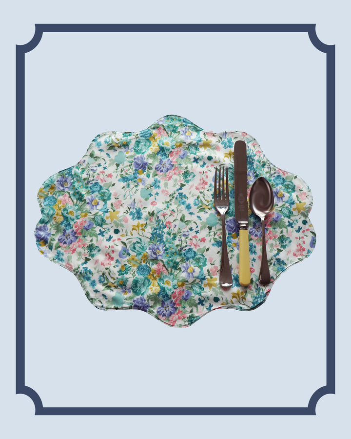 Bridgerton Reversible Wavy Placemat made with Liberty Fabric BOUQUET PARADE GREEN & REGAL BLOSSOM