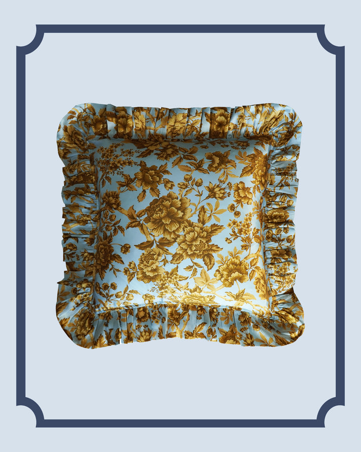 Bridgerton Silk Square Ruffle Cushion made with Liberty Fabric REGENCY TRAIL BLUE & GOLD