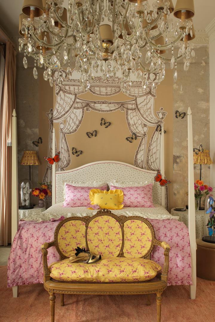 Bridgerton Reversible Ruffle Edge Heirloom Quilt made with Liberty Fabric AMELIE LUISE PINK & POSY CORSAGE YELLOW