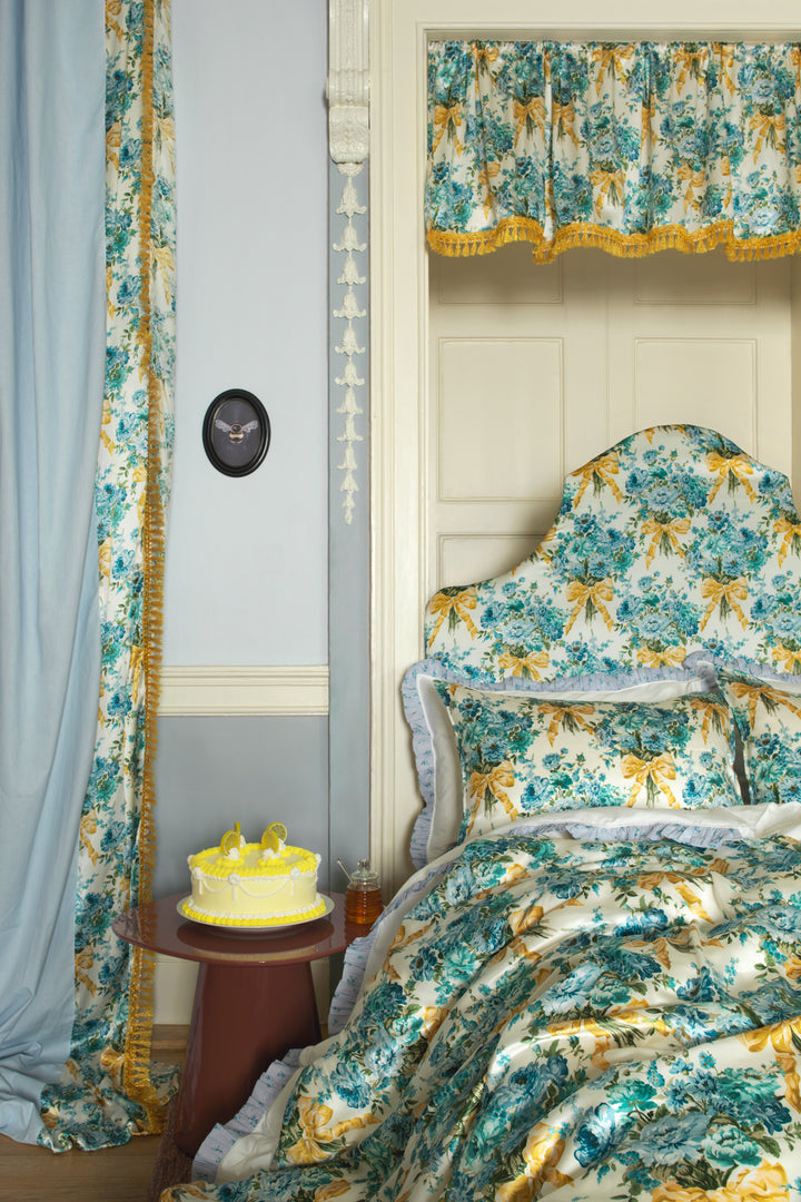 Bridgerton Reversible Ruffle-Edge Bedspread made with Liberty Fabric BOW BOUQUET GOLD & POSY CORSAGE BLUE