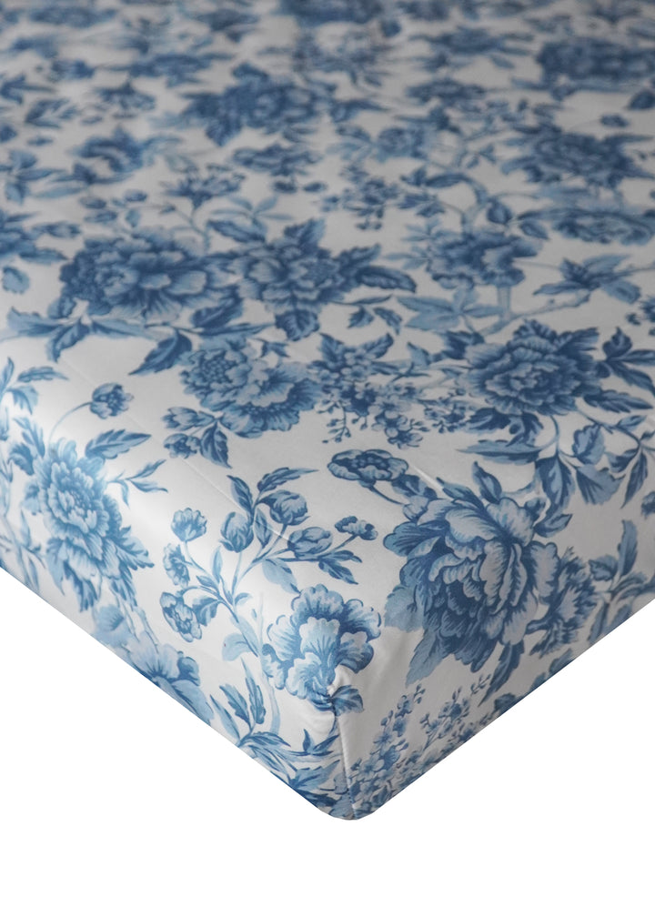 Bridgerton Fitted Sheet made with Liberty Fabric REGENCY TRAIL CHINA BLUE