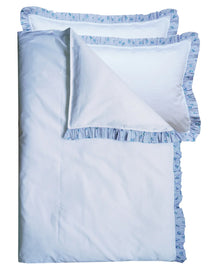 Frill-Edge White Duvet Set made with Liberty Fabrics & Bridgerton POSY CORSAGE BLUE