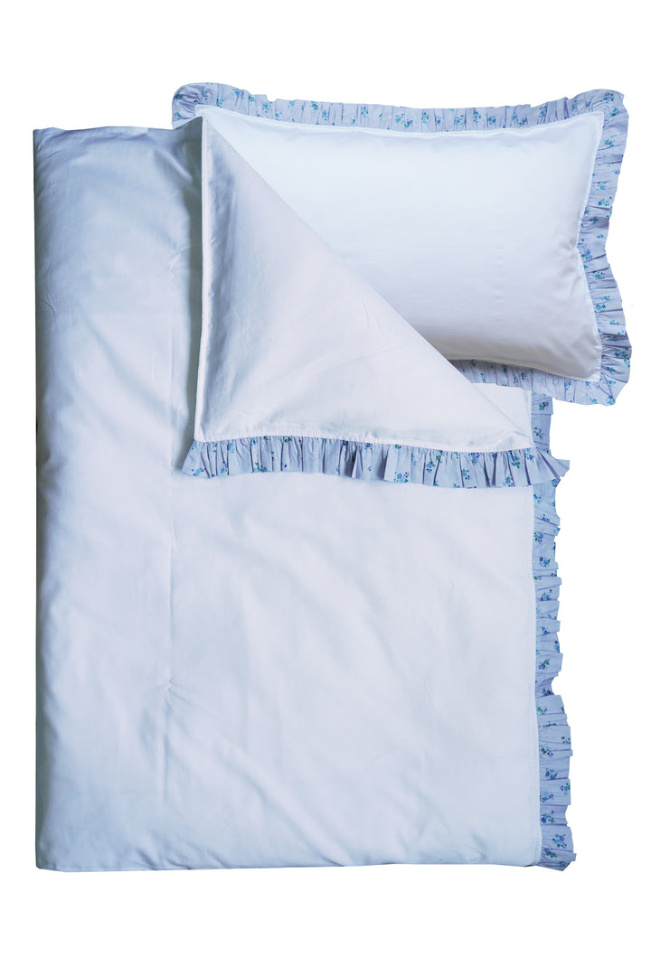 Bridgerton Frill-Edge White Duvet Set made with Liberty Fabric POSEY CORSAGE BLUE