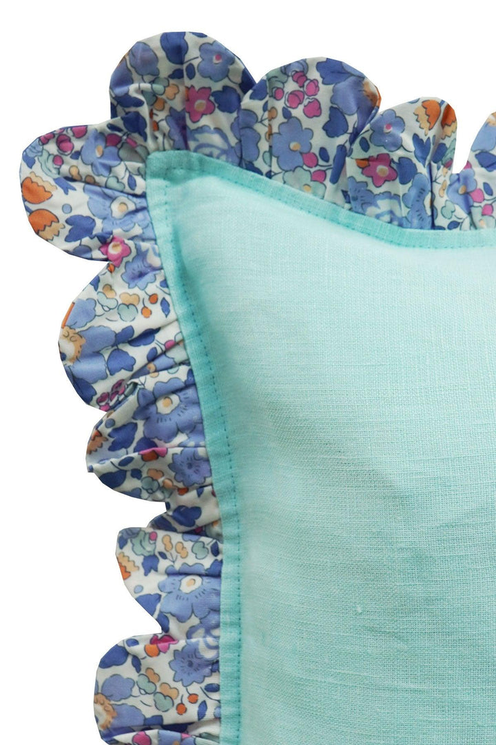 Coco & Wolf x Polly Wren Studios Embroidered Letter Scallop Edge Cushion made with Liberty Fabric BETSY