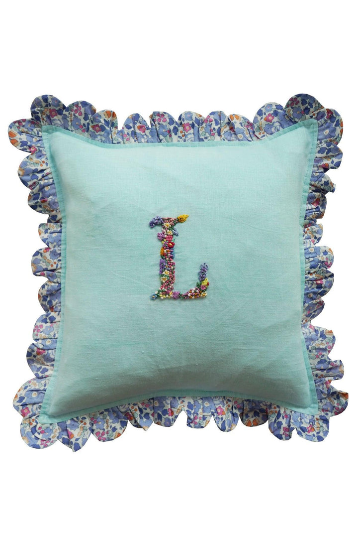 Coco & Wolf x Polly Wren Studios Embroidered Letter Scallop Edge Cushion made with Liberty Fabric BETSY