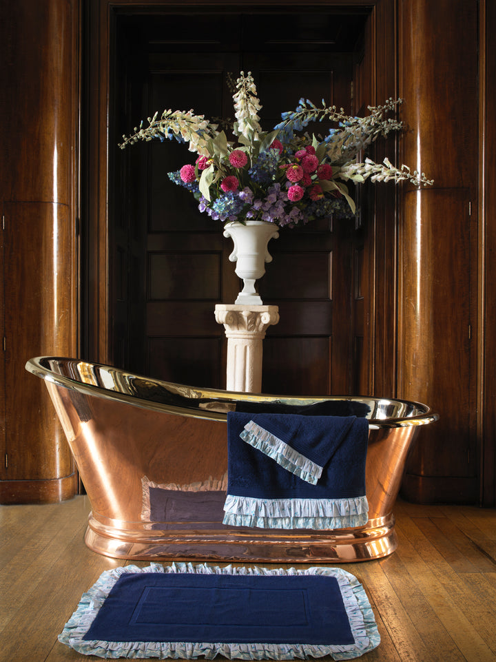 Bridgerton Ruffle-Edge Bath Mat made with Liberty Fabric POSY CORSAGE BLUE & GARLAND HAMPERS