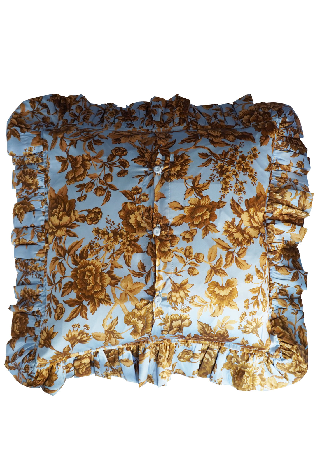 Bridgerton Silk Square Ruffle Cushion made with Liberty Fabric REGENCY TRAIL BLUE & GOLD