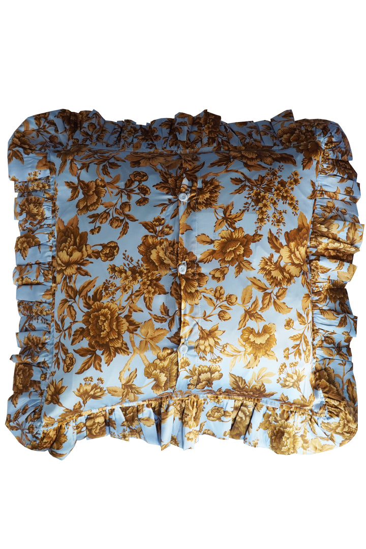Bridgerton Silk Square Ruffle Cushion made with Liberty Fabric REGENCY TRAIL BLUE & GOLD