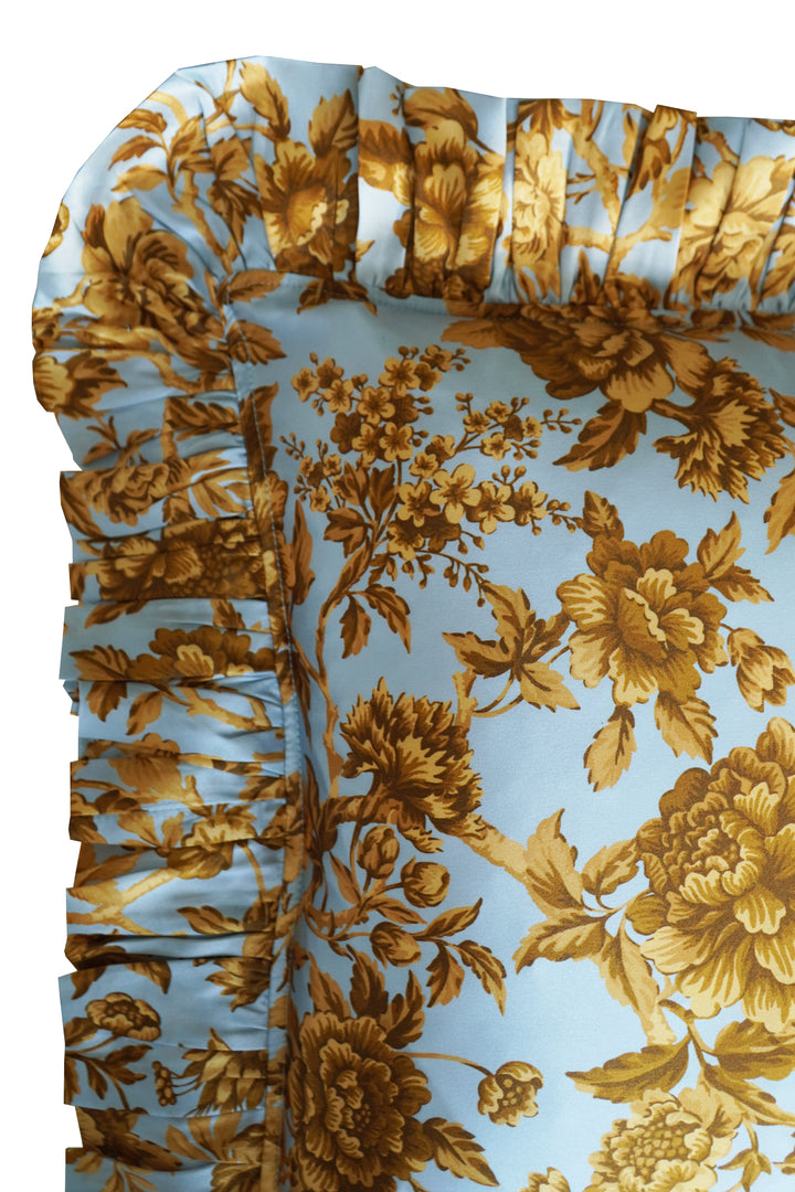 Bridgerton Silk Square Ruffle Cushion made with Liberty Fabric REGENCY TRAIL BLUE & GOLD