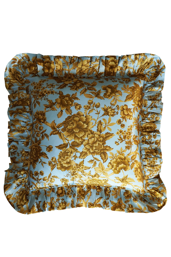 Bridgerton Silk Square Ruffle Cushion made with Liberty Fabric REGENCY TRAIL BLUE & GOLD