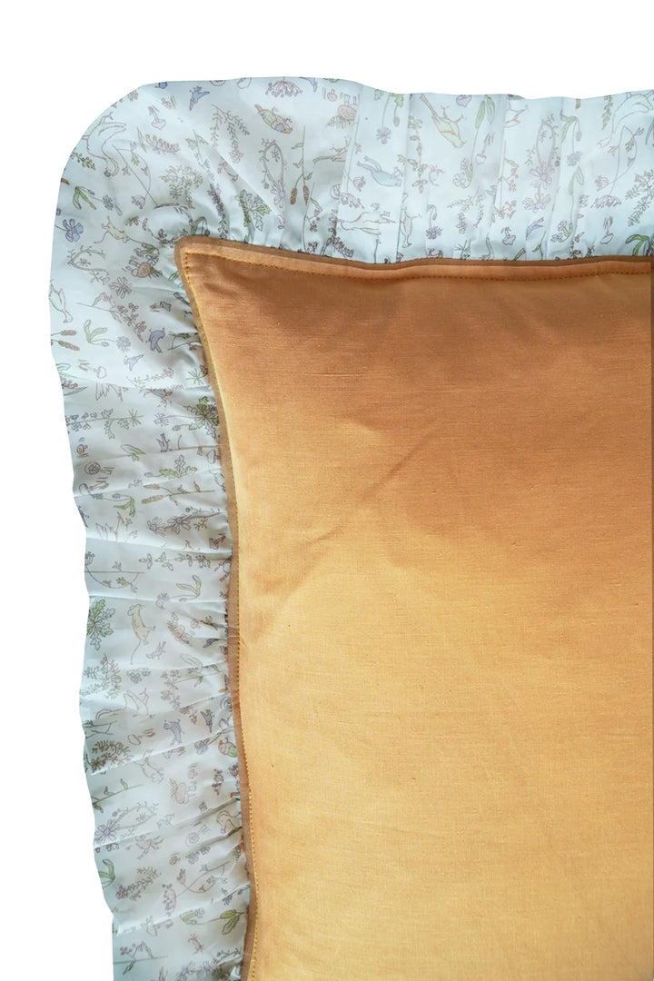 Ruffle Cushion made with Linen Liberty Fabric Turmeric and Theo Green - Coco & Wolf