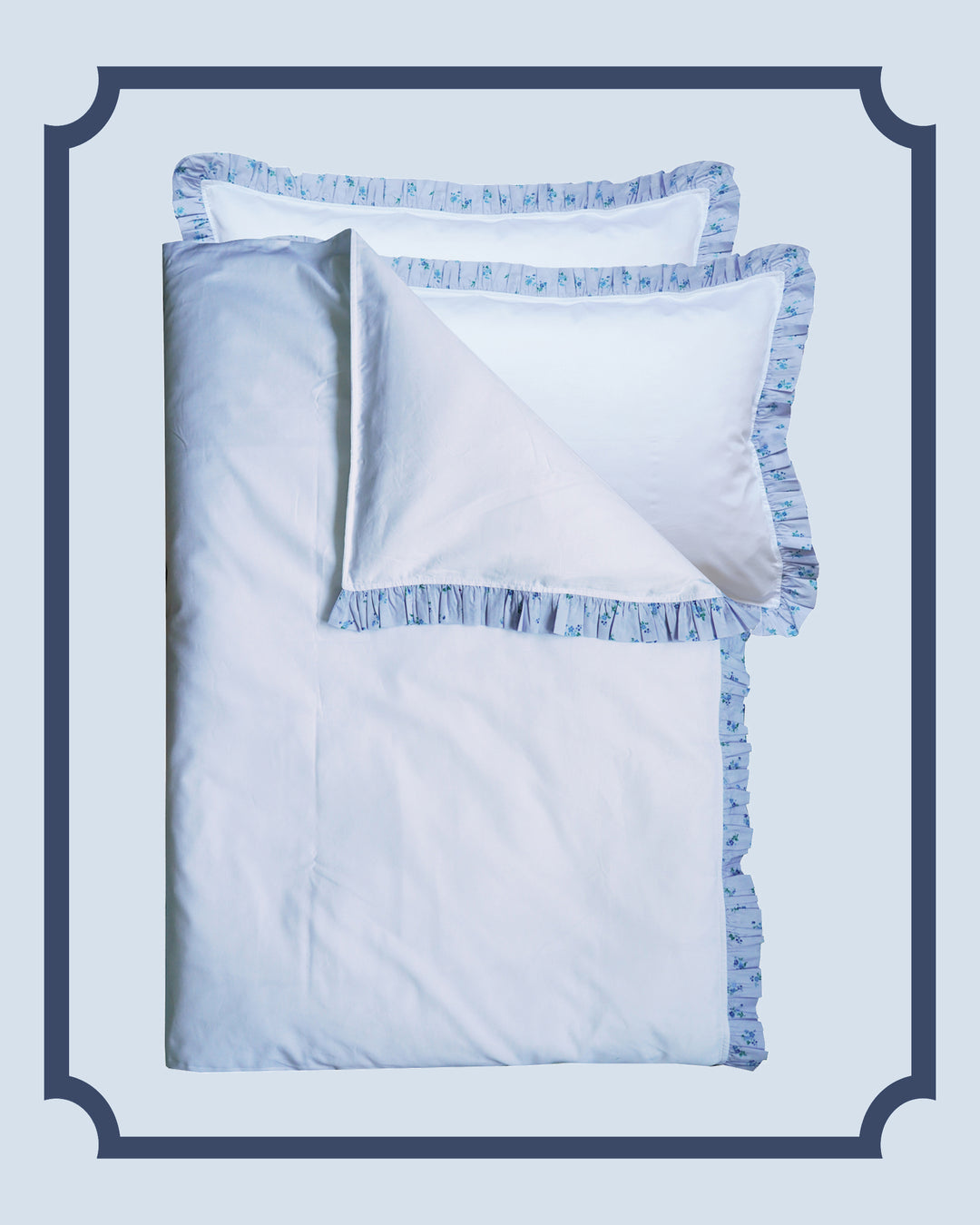 Bridgerton Frill-Edge White Duvet Set made with Liberty Fabric POSEY CORSAGE BLUE