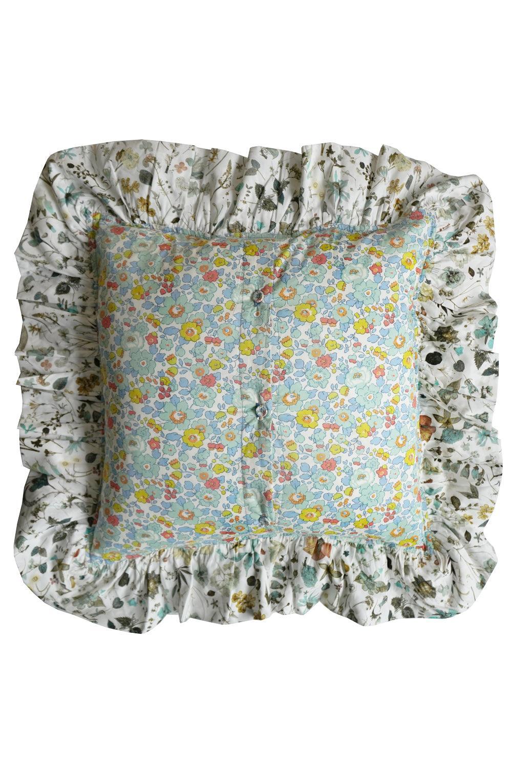 Coco & Wolf x Polly Wren Studios Olivia Embroidered Ruffle Cushion made with Liberty Fabric BETSY SAGE & FLORAL EVE