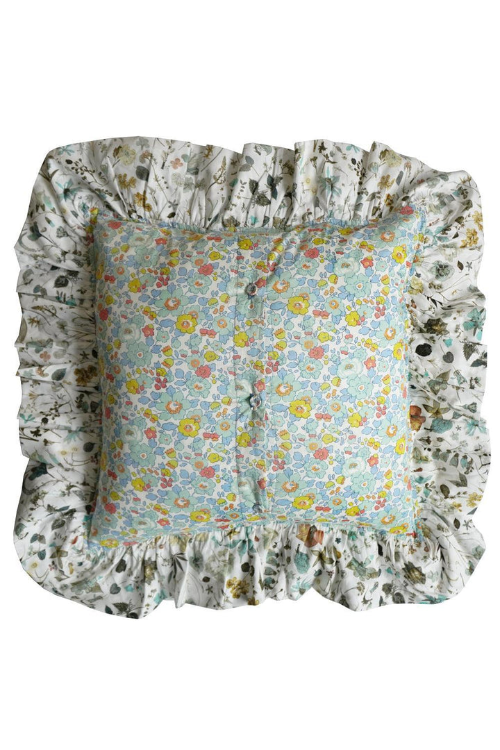 Coco & Wolf x Polly Wren Studios Olivia Embroidered Ruffle Cushion made with Liberty Fabric BETSY SAGE & FLORAL EVE