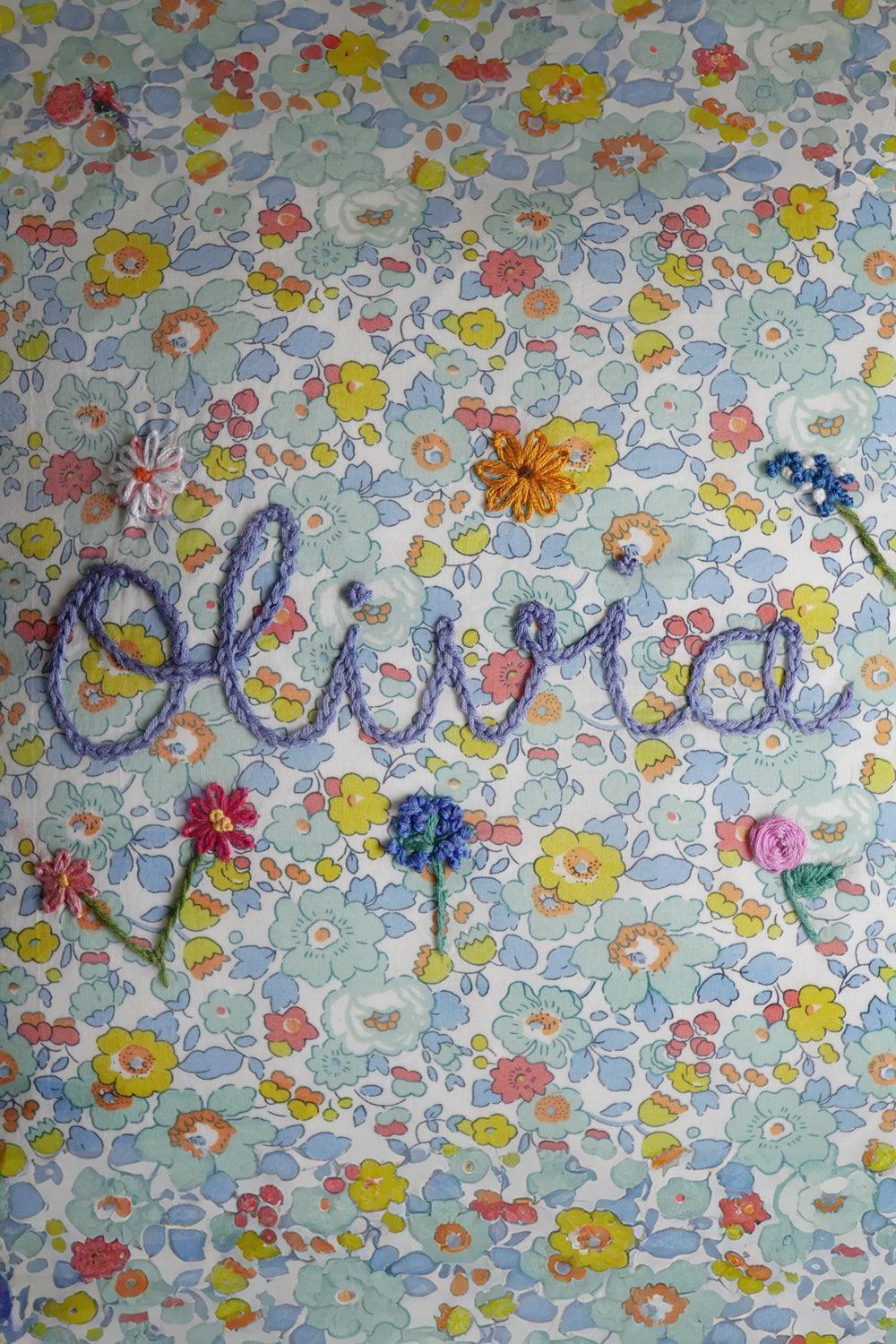 Coco & Wolf x Polly Wren Studios Olivia Embroidered Ruffle Cushion made with Liberty Fabric BETSY SAGE & FLORAL EVE