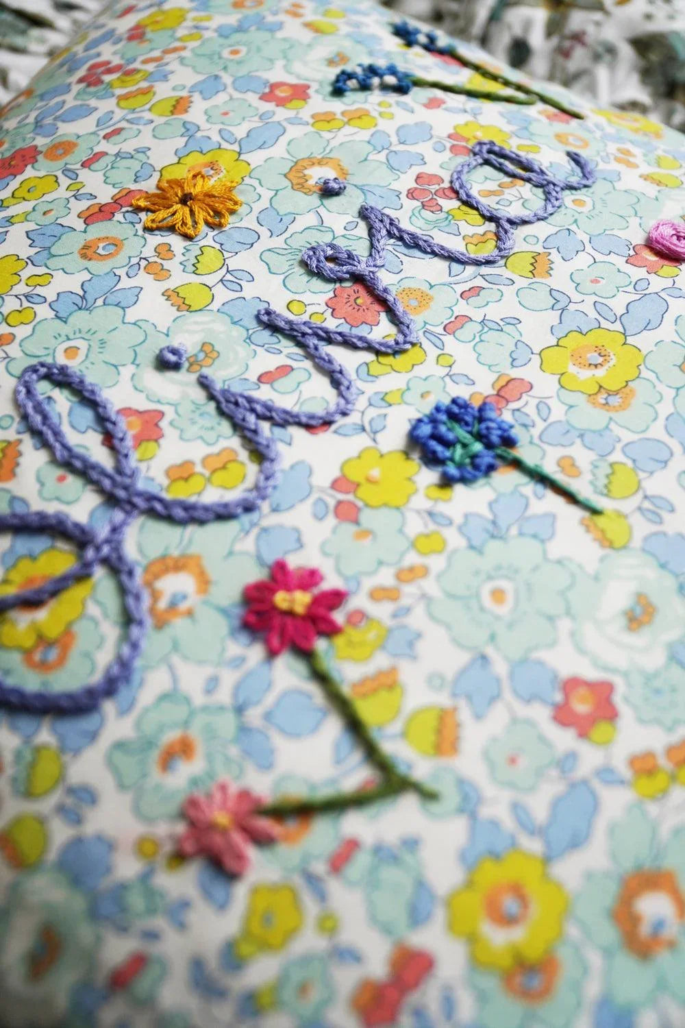 Coco & Wolf x Polly Wren Studios Olivia Embroidered Ruffle Cushion made with Liberty Fabric BETSY SAGE & FLORAL EVE