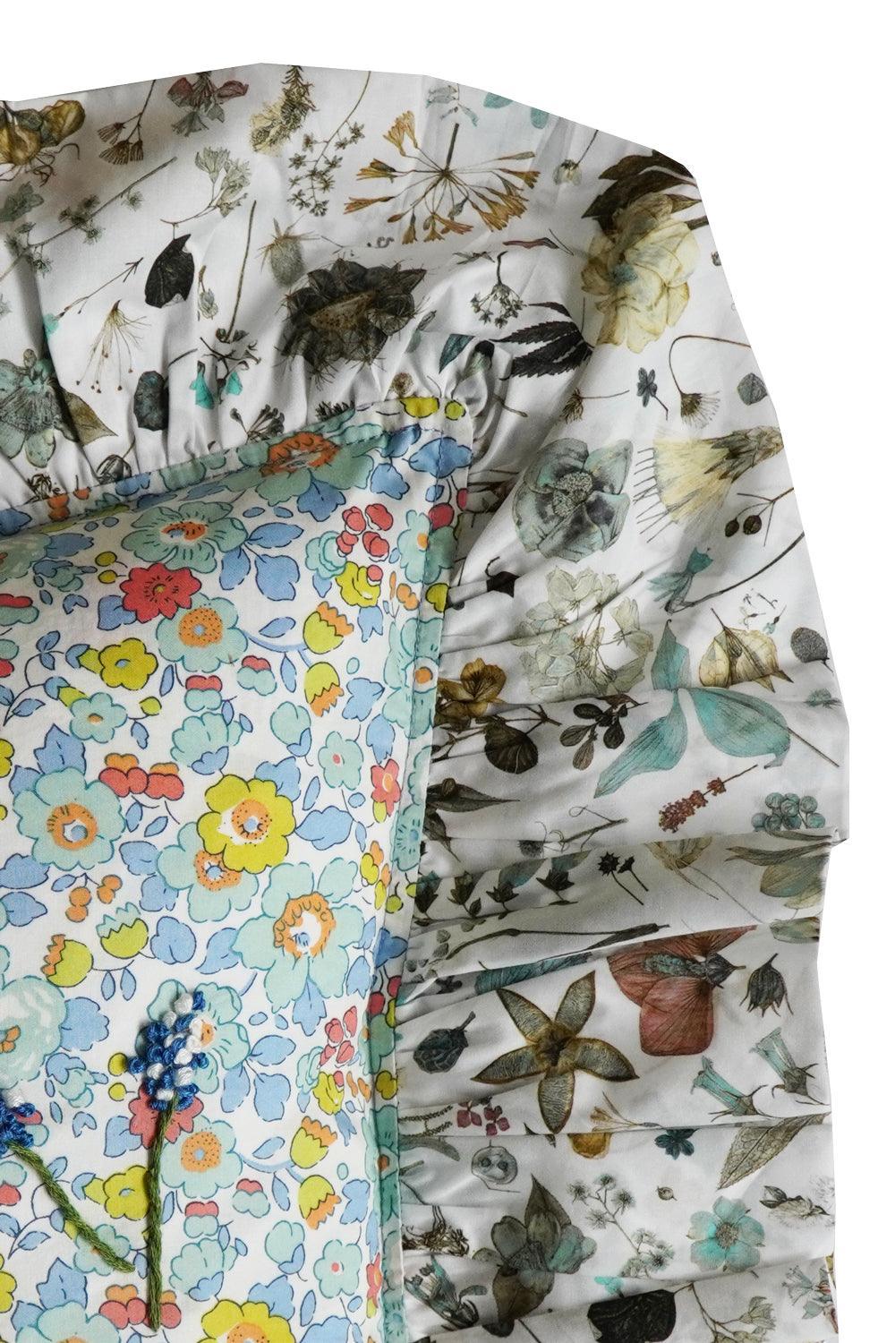 Coco & Wolf x Polly Wren Studios Olivia Embroidered Ruffle Cushion made with Liberty Fabric BETSY SAGE & FLORAL EVE