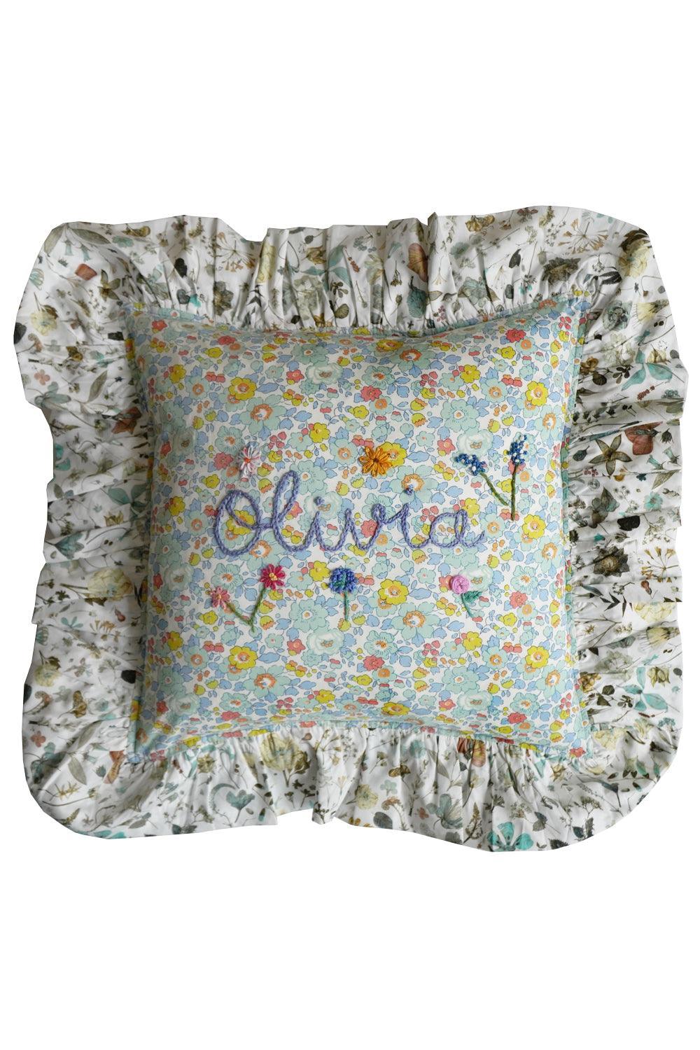 Coco & Wolf x Polly Wren Studios Olivia Embroidered Ruffle Cushion made with Liberty Fabric BETSY SAGE & FLORAL EVE