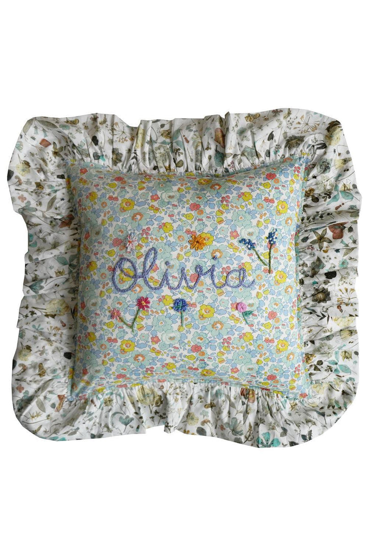 Coco & Wolf x Polly Wren Studios Olivia Embroidered Ruffle Cushion made with Liberty Fabric BETSY SAGE & FLORAL EVE