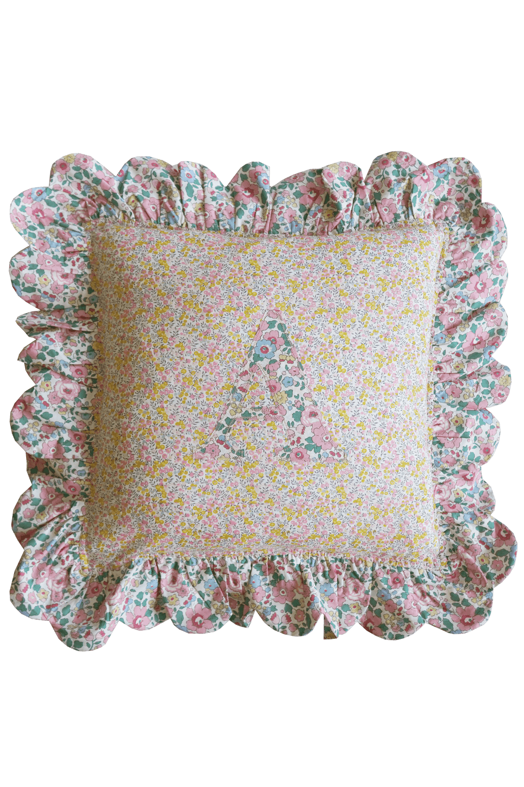 Scallop Edge Personalised Cushion made with Liberty Fabric WILTSHIRE BUD & BETSY