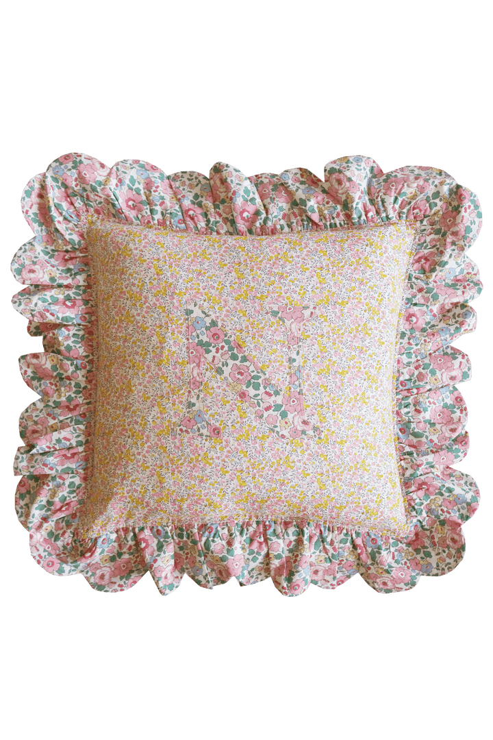 Scallop Edge Personalised Cushion made with Liberty Fabric WILTSHIRE BUD & BETSY