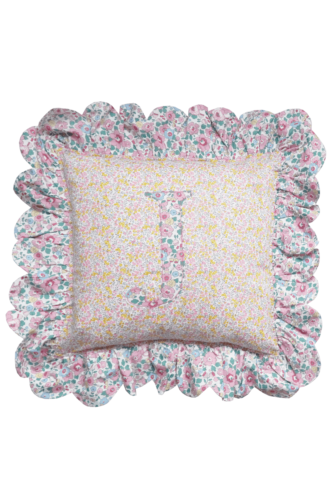 Scallop Edge Personalised Cushion made with Liberty Fabric WILTSHIRE BUD & BETSY