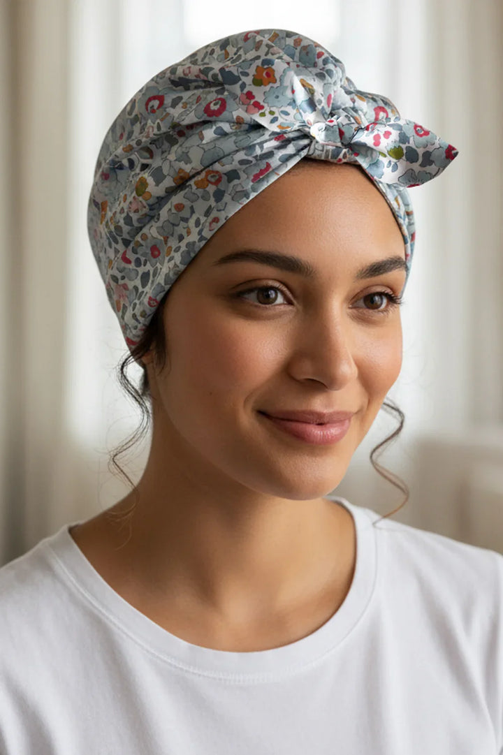 Silk Hair Wrap Turban made with Silk Liberty Fabric Betsy Grey - Coco & Wolf