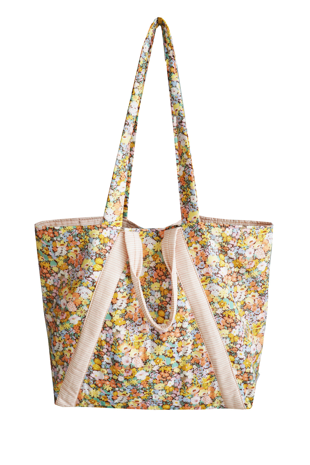 Coco & Wolf × O Pioneers Large Tote Bag made with Liberty Fabric THORPE YELLOW, VACATION STRIPE MAGENTA & CHOCOLATE