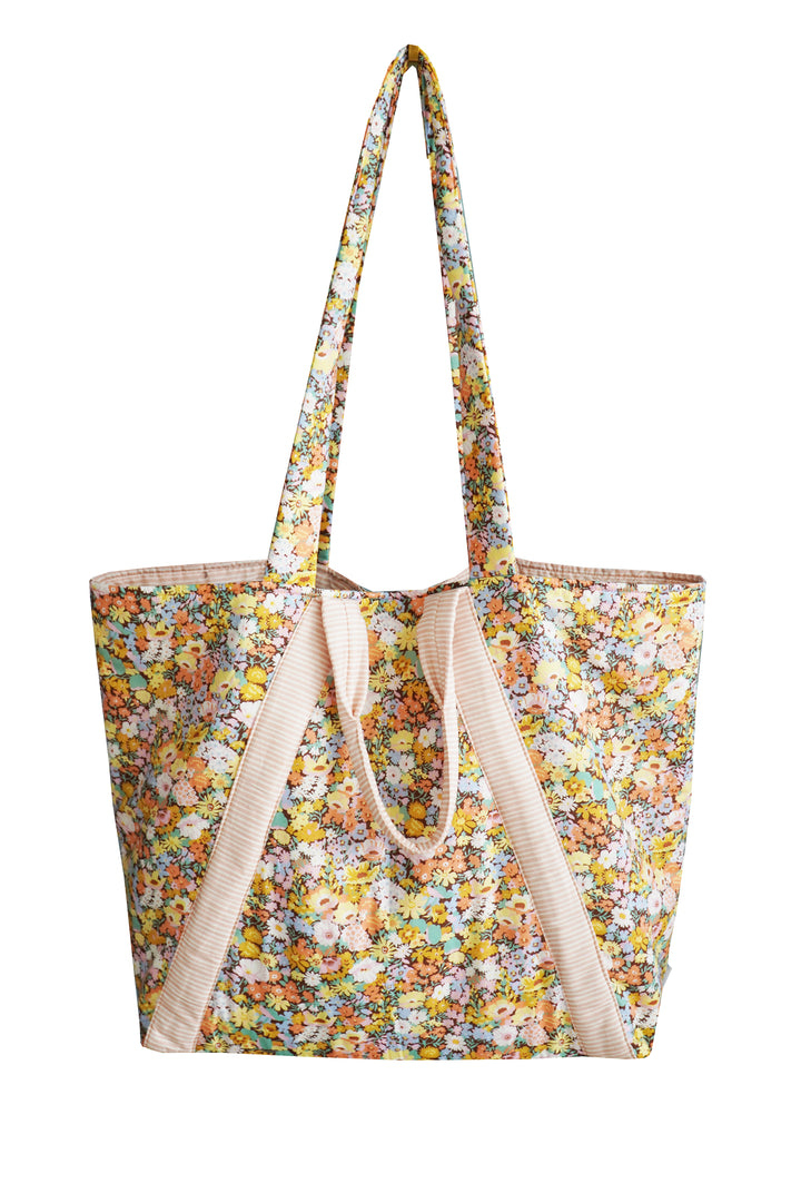 Coco & Wolf × O Pioneers Large Tote Bag made with Liberty Fabric THORPE YELLOW, VACATION STRIPE MAGENTA & CHOCOLATE