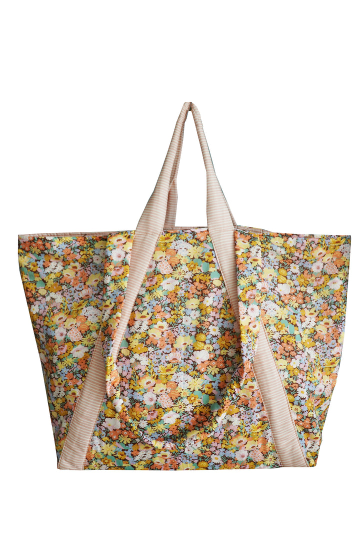Coco & Wolf × O Pioneers Large Tote Bag made with Liberty Fabric THORPE YELLOW, VACATION STRIPE MAGENTA & CHOCOLATE