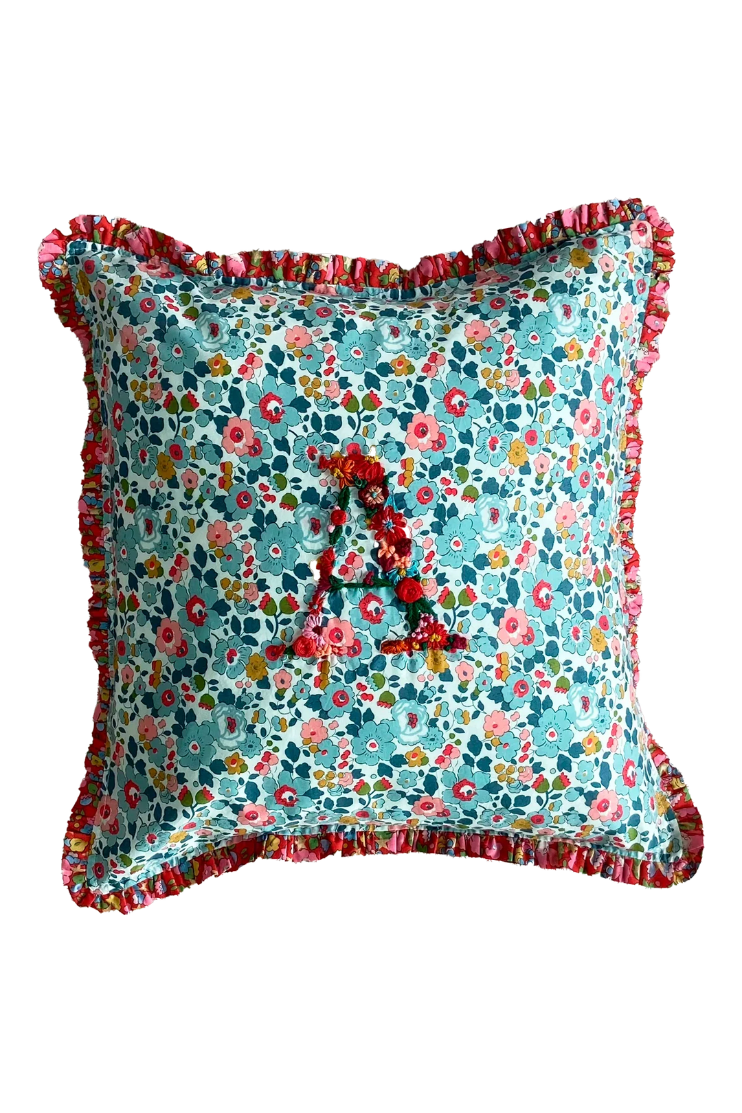 Coco & Wolf x Polly Wren Studios Letter A Embroidered Ruffle Cushion made with Liberty Fabric BETSY GREY & BETSY STAR