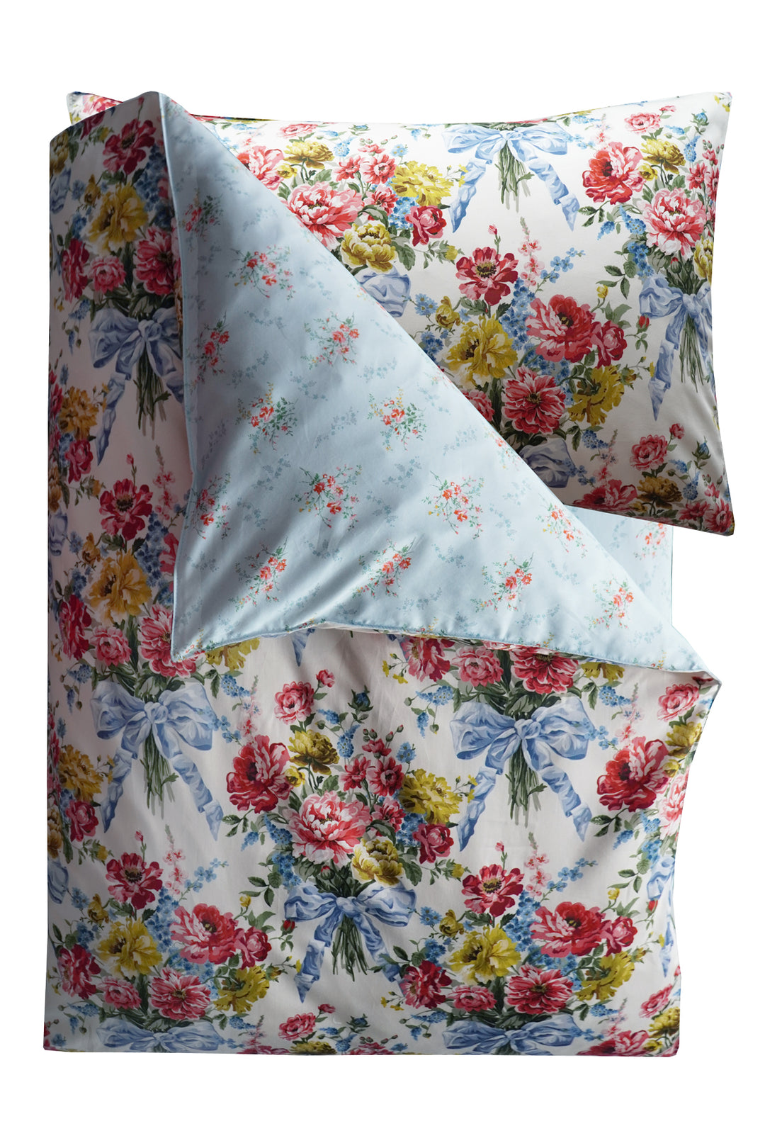 Floral bedding set with colorful flowers and blue ribbons on a white background