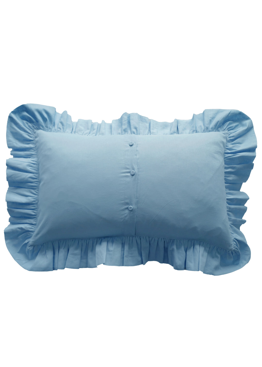 Bridgerton Ruffle-Edge Embroidered Oblong Cushion made with Linen Liberty Fabric SKY BLUE & GARDEN BLOOMS