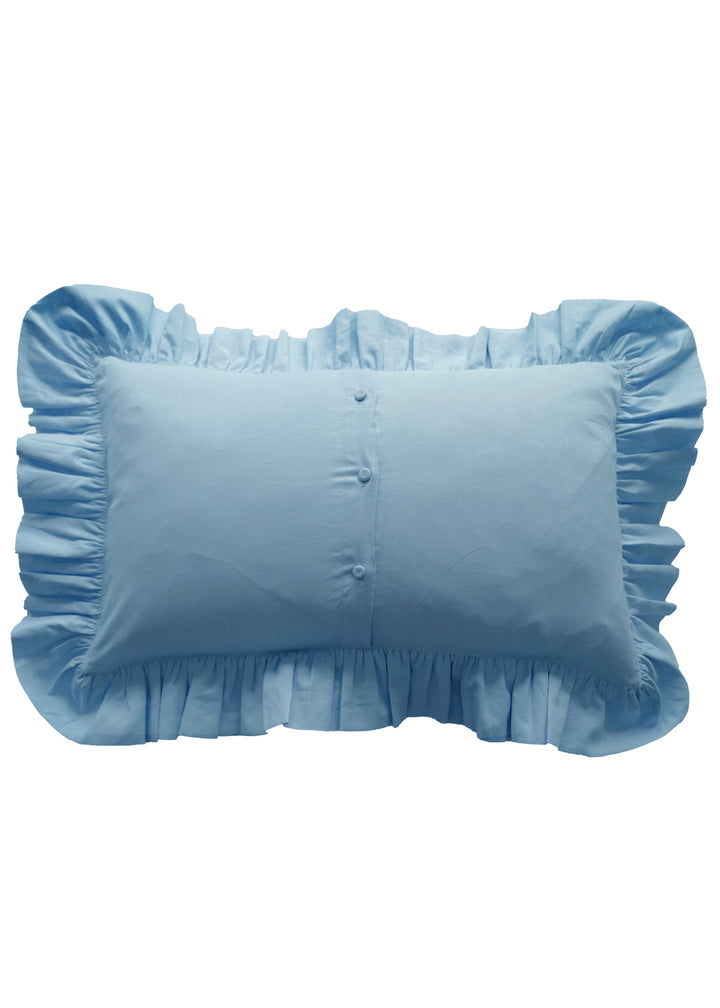 Bridgerton Ruffle-Edge Embroidered Oblong Cushion made with Linen Liberty Fabric SKY BLUE & GARDEN BLOOMS