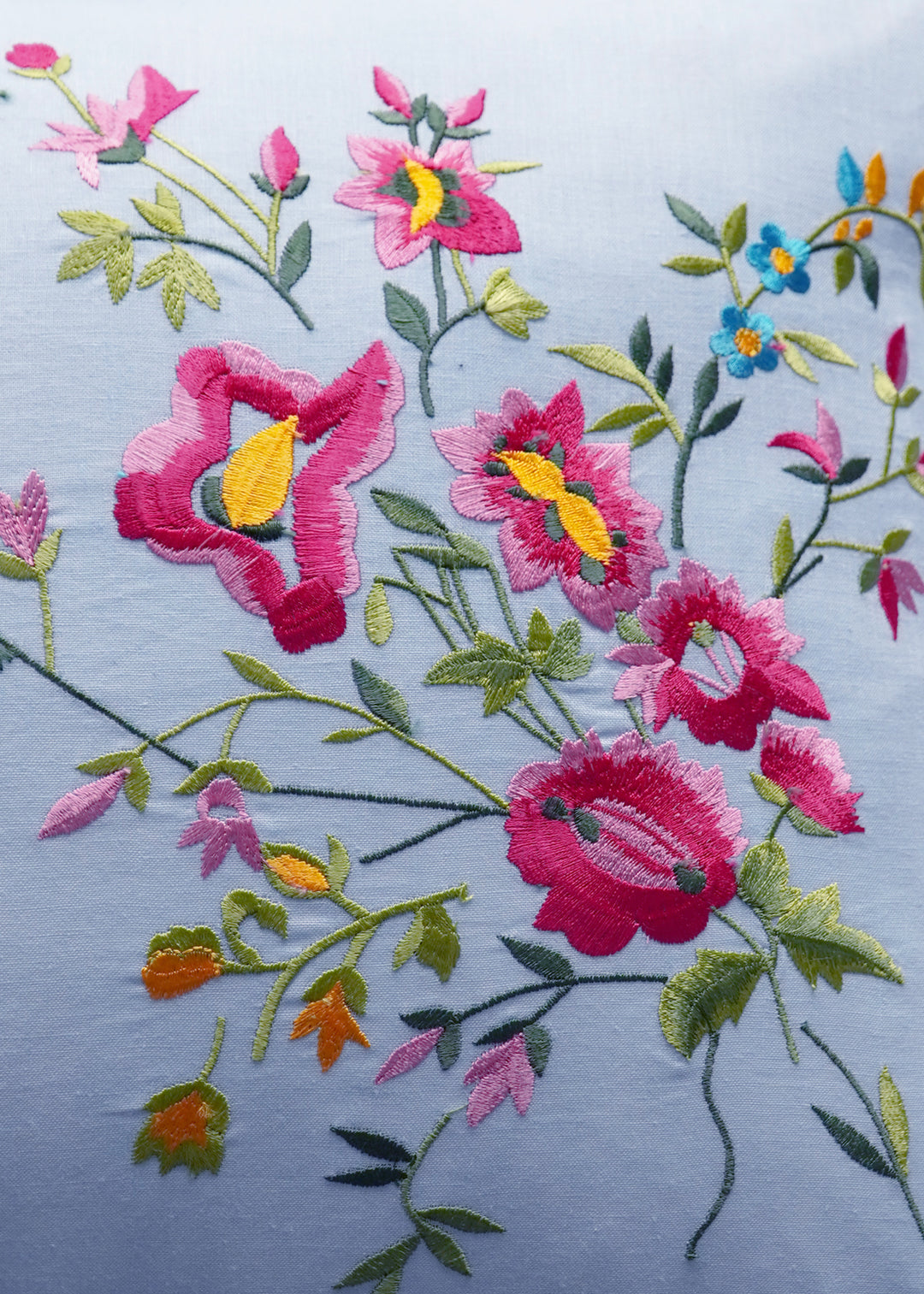 Bridgerton Ruffle-Edge Embroidered Oblong Cushion made with Linen Liberty Fabric SKY BLUE & GARDEN BLOOMS