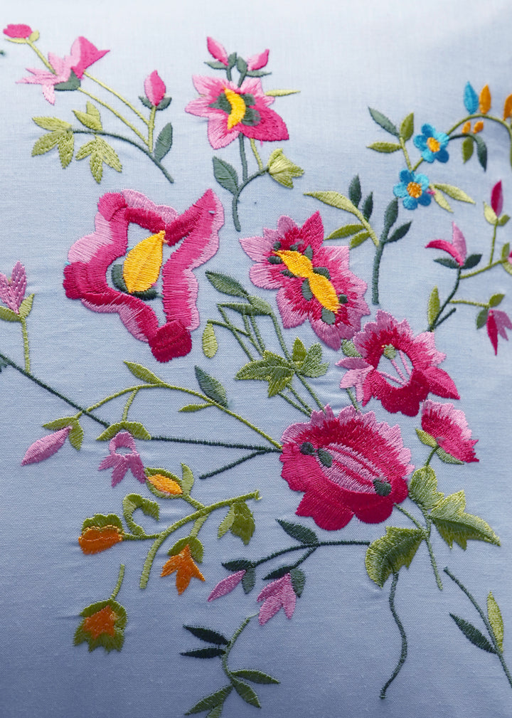 Bridgerton Ruffle-Edge Embroidered Oblong Cushion made with Linen Liberty Fabric SKY BLUE & GARDEN BLOOMS