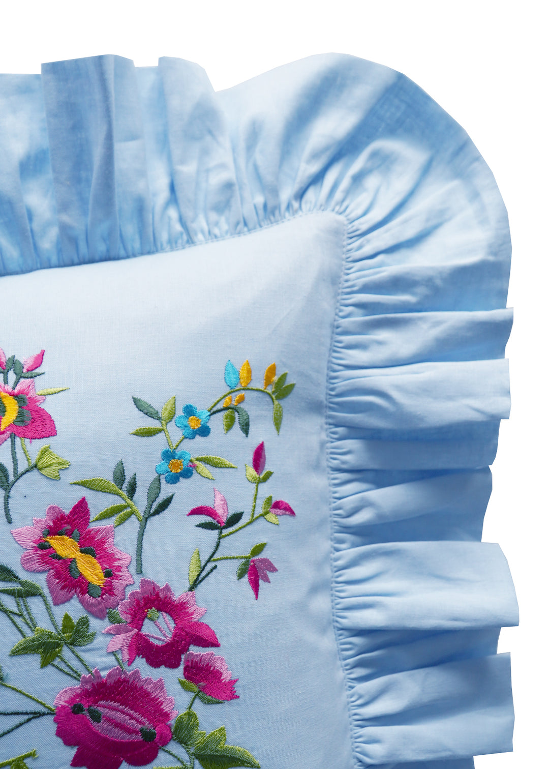 Bridgerton Ruffle-Edge Embroidered Oblong Cushion made with Linen Liberty Fabric SKY BLUE & GARDEN BLOOMS