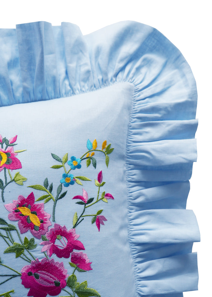 Bridgerton Ruffle-Edge Embroidered Oblong Cushion made with Linen Liberty Fabric SKY BLUE & GARDEN BLOOMS