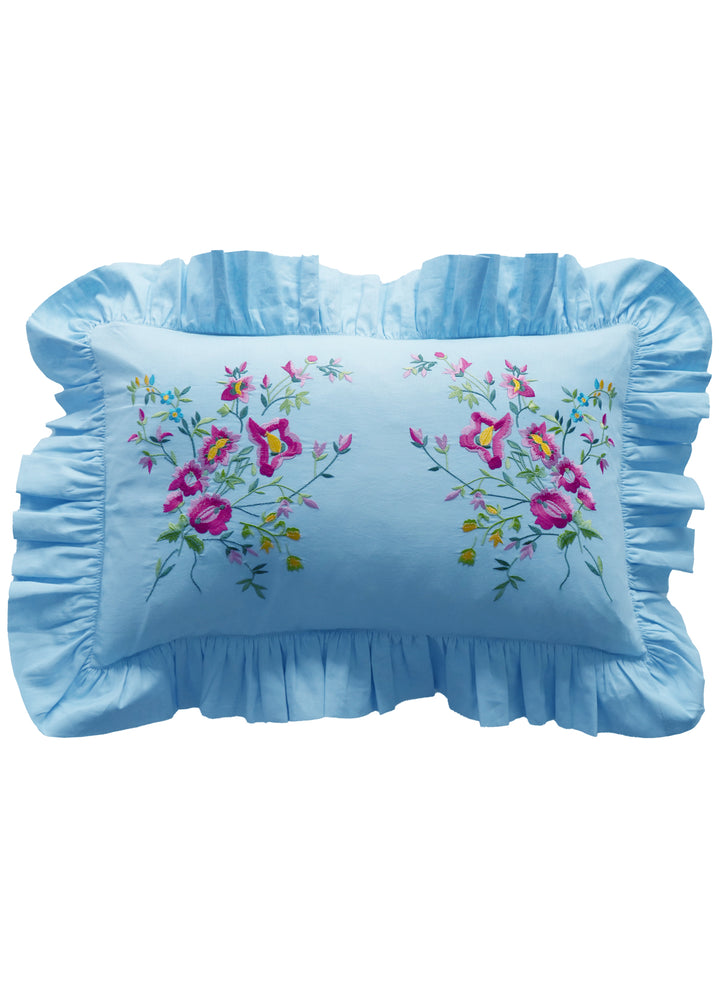 Bridgerton Ruffle-Edge Embroidered Oblong Cushion made with Linen Liberty Fabric SKY BLUE & GARDEN BLOOMS