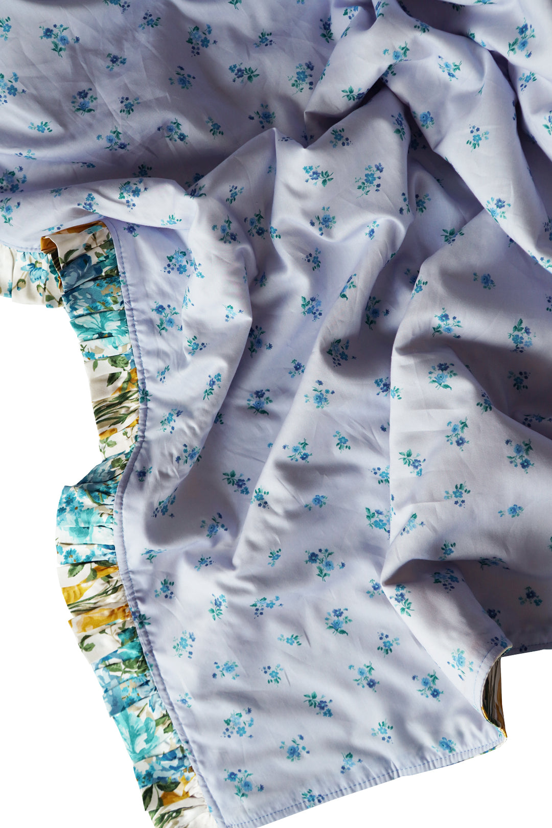 Bridgerton Reversible Ruffle-Edge Bedspread made with Liberty Fabric BOW BOUQUET GOLD & POSY CORSAGE BLUE