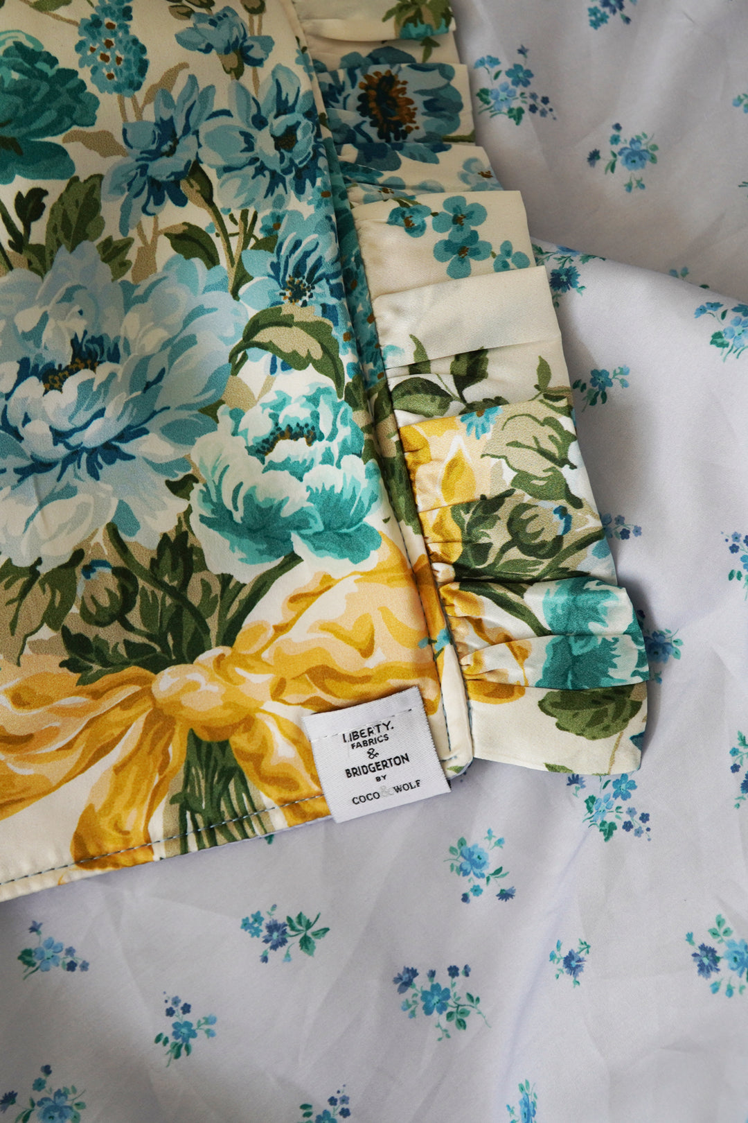 Bridgerton Reversible Ruffle-Edge Bedspread made with Liberty Fabric BOW BOUQUET GOLD & POSY CORSAGE BLUE
