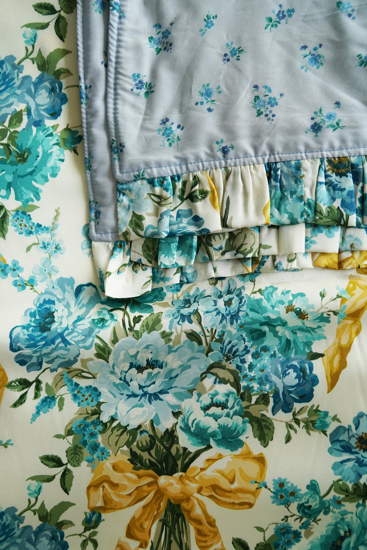 Bridgerton Reversible Ruffle-Edge Bedspread made with Liberty Fabric BOW BOUQUET GOLD & POSY CORSAGE BLUE