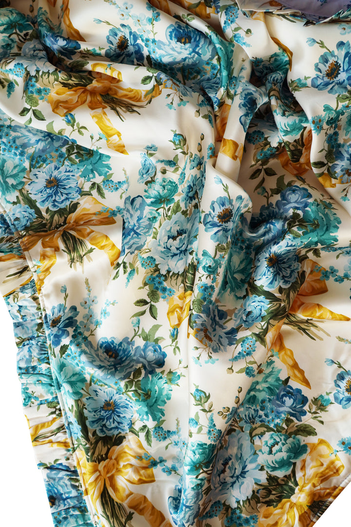 Bridgerton Reversible Ruffle-Edge Bedspread made with Liberty Fabric BOW BOUQUET GOLD & POSY CORSAGE BLUE