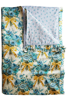 Reversible Ruffle-Edge Bedspread made with Liberty Fabrics & Bridgerton BOW BOUQUET GOLD & POSY CORSAGE BLUE