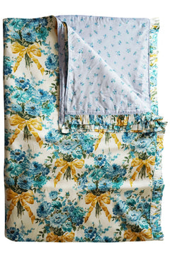 Reversible Ruffle-Edge Bedspread made with Liberty Fabrics & Bridgerton BOW BOUQUET GOLD & POSY CORSAGE BLUE
